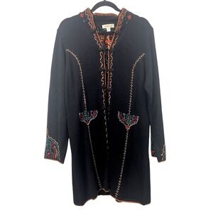 Black Embroidered Tassel Closure Cardigan Sweater Sz M Boho Folk‎ Artsy Western